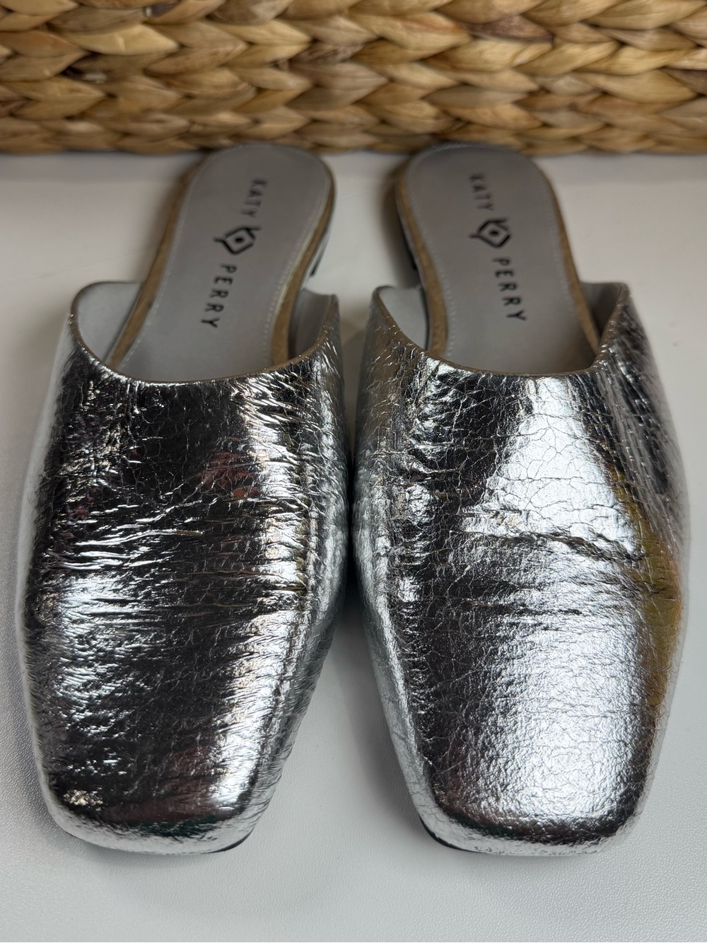 Katy Perry Collections Metallic Silver Square-Toe Mule Slides - Picture 2 of 5